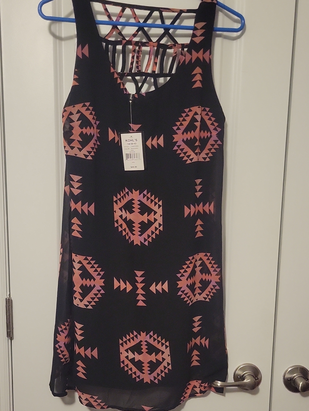 Kohl's Black Dress with Coral Pink Geometric Print
